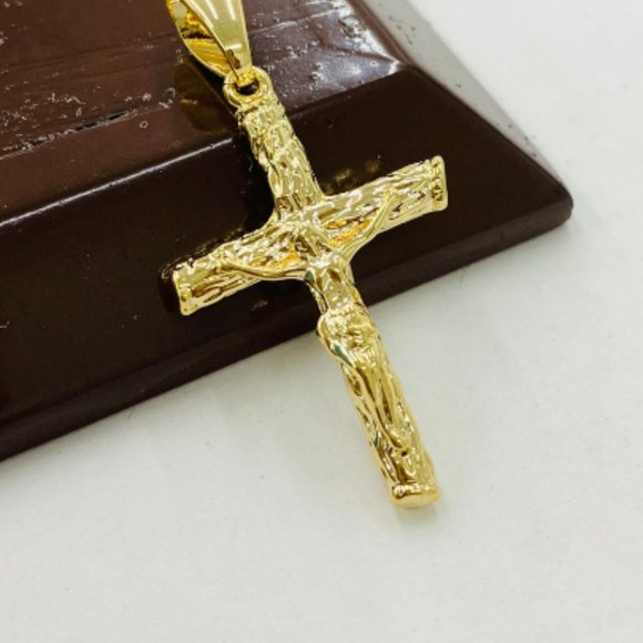 Yellow Gold Filled Rustic Cross Necklace with Figaro Chain 24" for Mens Womens - Picture 7 of 8